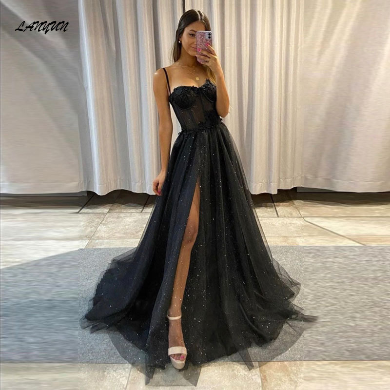 Nowa długa elegancka seksowna czarna wyszczuplająca suknia wieczorowa vestido szaty wieczorowe soirée na imprezę bankietową stylowa