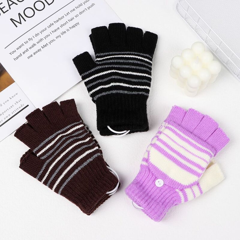Универсальные теплые полосатые зимние перчатки с подогревом перчатки на полпальца вязаные варежки перчатки с электрическим подогревом