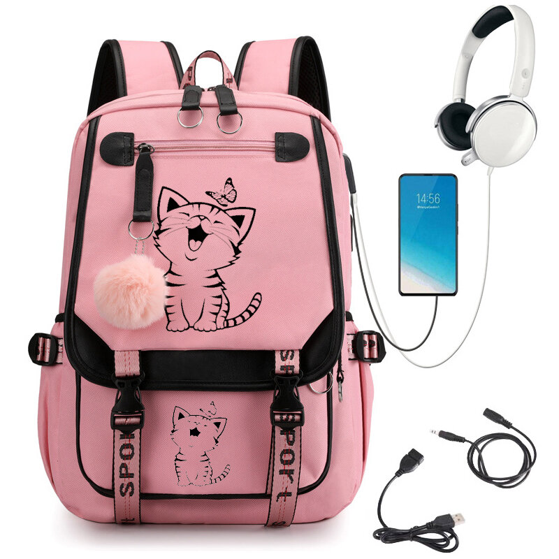 Tas punggung sekolah motif kucing, tas ransel Sekolah gambar kartun lucu untuk pelajar remaja, tas buku Laptop remaja, tas ransel Usb Mochila