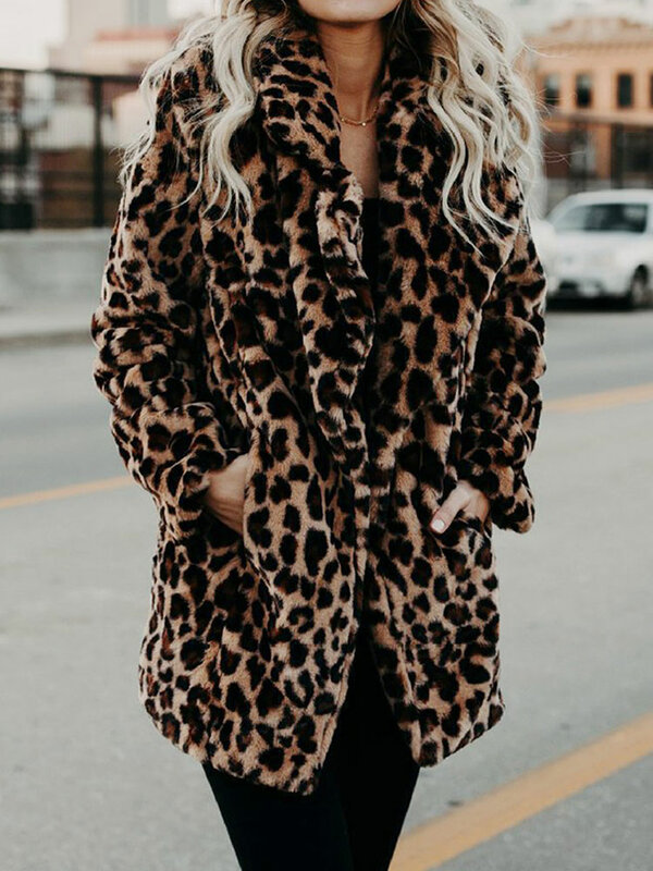 Abrigo largo de piel sintética de leopardo para mujer, chaqueta de piel cálida para mujer, abrigo de peluche para mujer, prendas de vestir de otoño e invierno