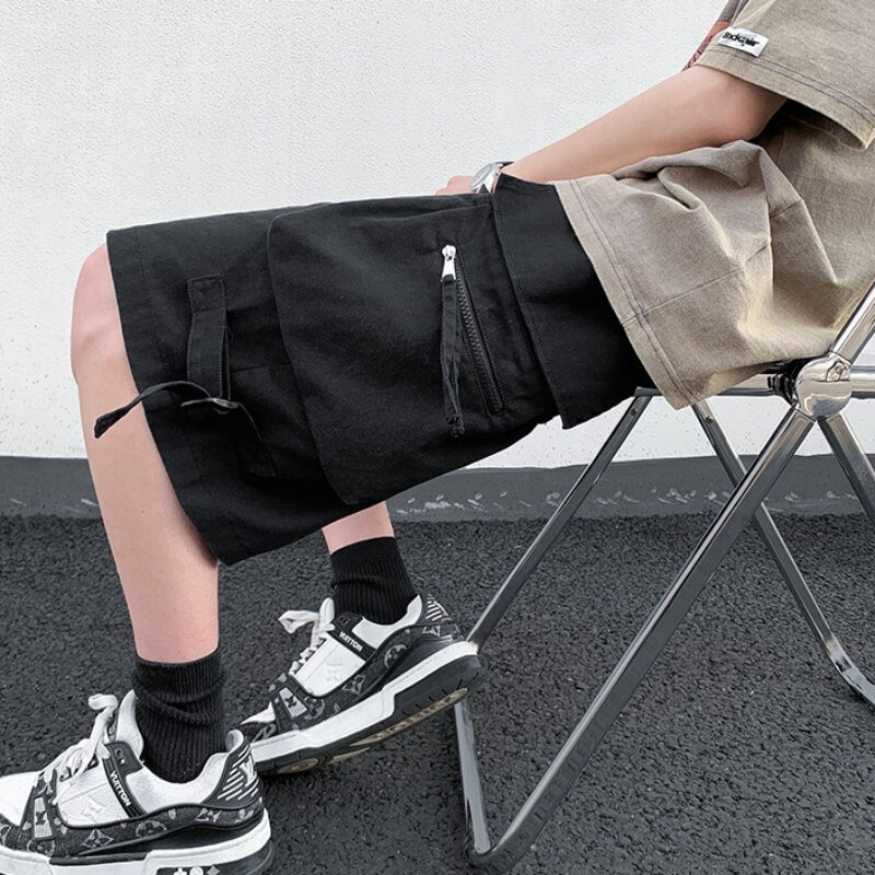 Брюки-карго мужские мешковатые, повседневные Летние однотонные брюки до колен, с несколькими карманами, в американском стиле, для подростков, большие размеры