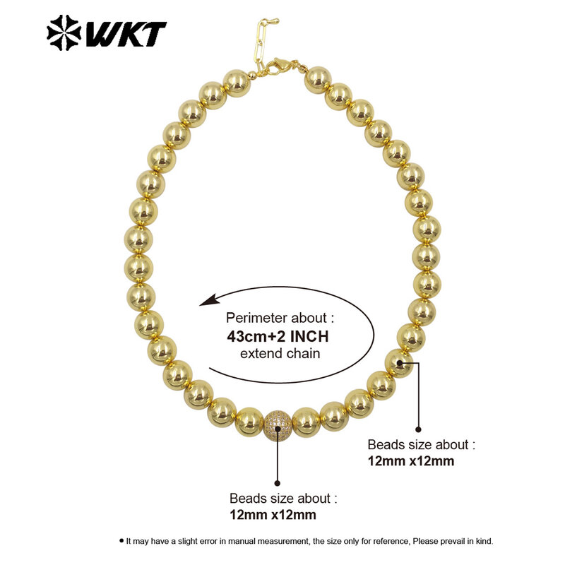 WT-JFN19 Großhandel neue handgemachte 12mm große runde Messing perlen Mode Dame einfach cool 18k echt vergoldet Metall Halskette 10pcs
