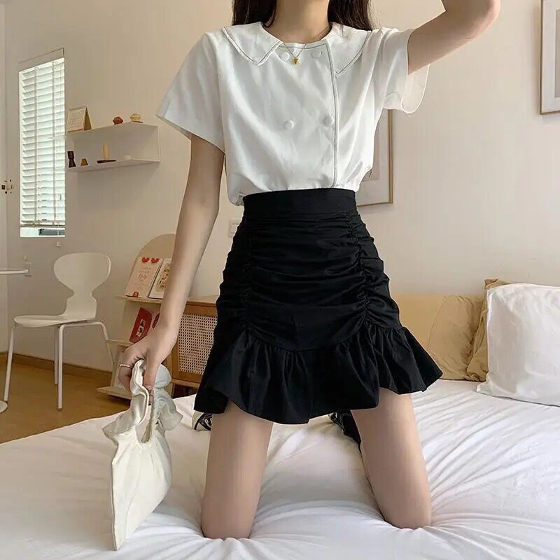 Deeptown Elegant Ruffle Women Mini Skirt White Sweet Sexy Pleated Short Skirts Korean Style Casual A-line Solid Cute Basic Skirt