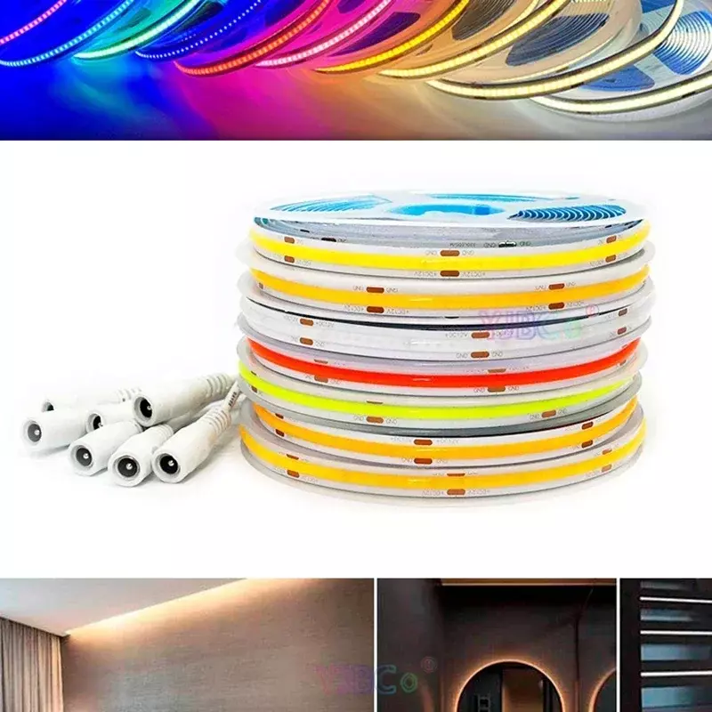 Bande lumineuse flexible à LED COB, 5m, 12V DC, 480 gible/m, 320 gible/m, blanc/blanc chaud/bleu/bleu glacier/rouge/vert/jaune