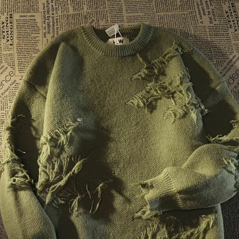 Autumnand Streetwear Sweater pria dan wanita, switer lengan panjang longgar berjumbai lubang Retro baru musim gugur 2024