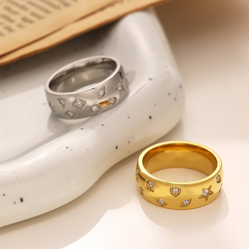 Espumante cristal estrela titânio anel de aço para mulheres, banhado a ouro 18k, impermeável não alérgica dedo jóias, terno para namorada presente
