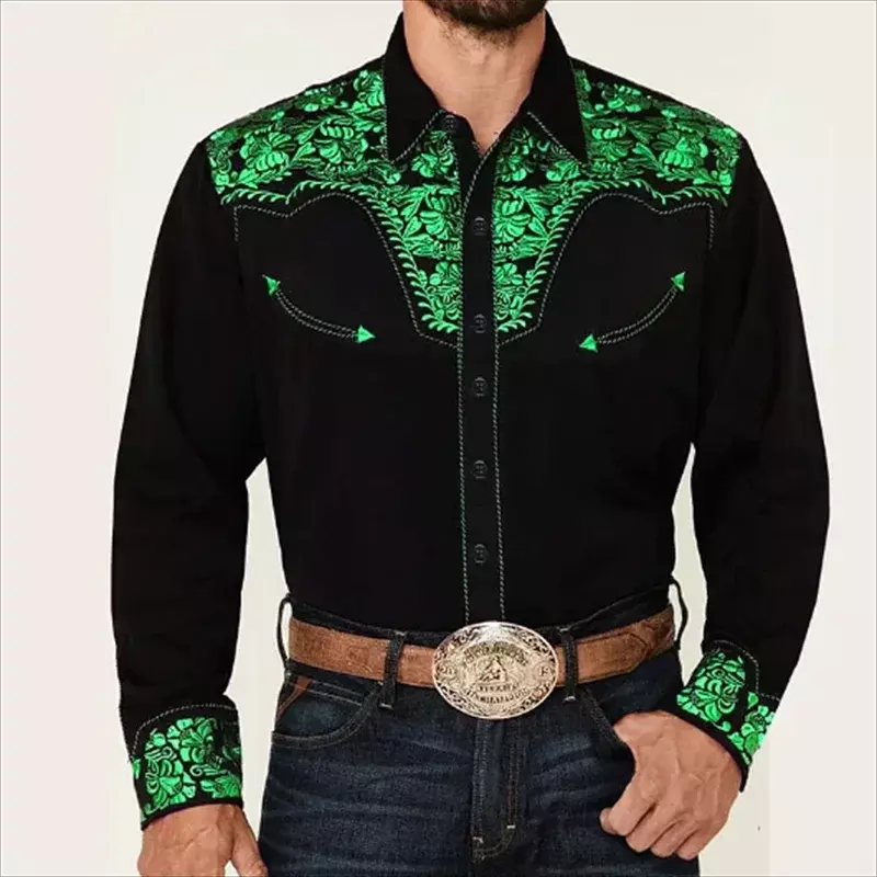 Western Shirt Men's Denim Print button-up Shirt Outdoor Festival Men's top Soft and comfortable vintage lapel shirt