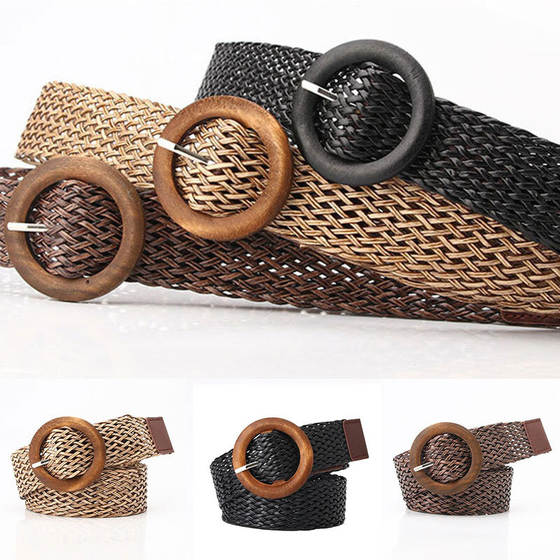 Cinturón trenzado para mujer, Correa ancha de paja falsa, hebilla lisa de madera redonda, estilo bohemio Vintage, color café negro