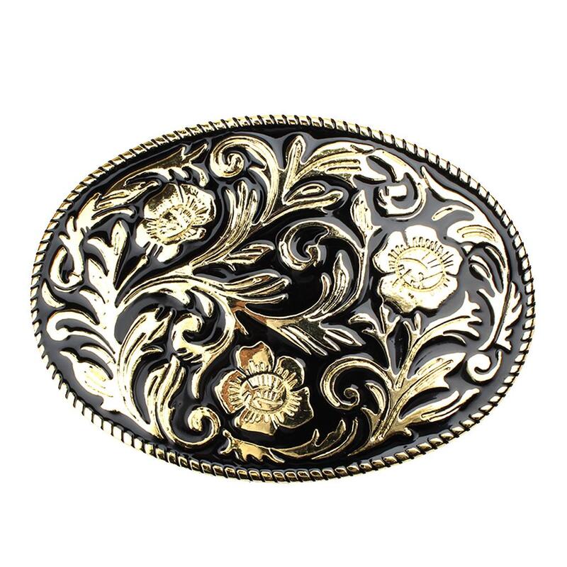 Fivela de cinto cowboy ocidental masculino, antiga gravada, padrão floral dourado, arte design