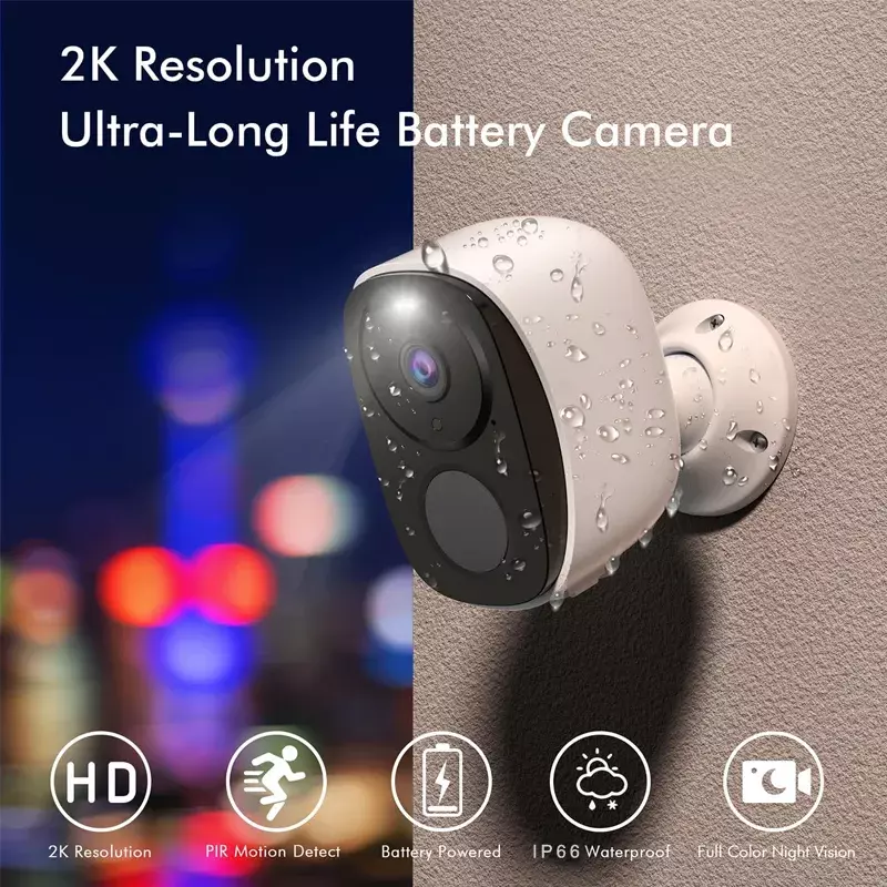 Caméras de sécurité d'extérieur sans fil, caméra de sécurité 2K 3MP batterie 62 WiFi avec sirène budgétaire, audio bidirectionnel, étanche