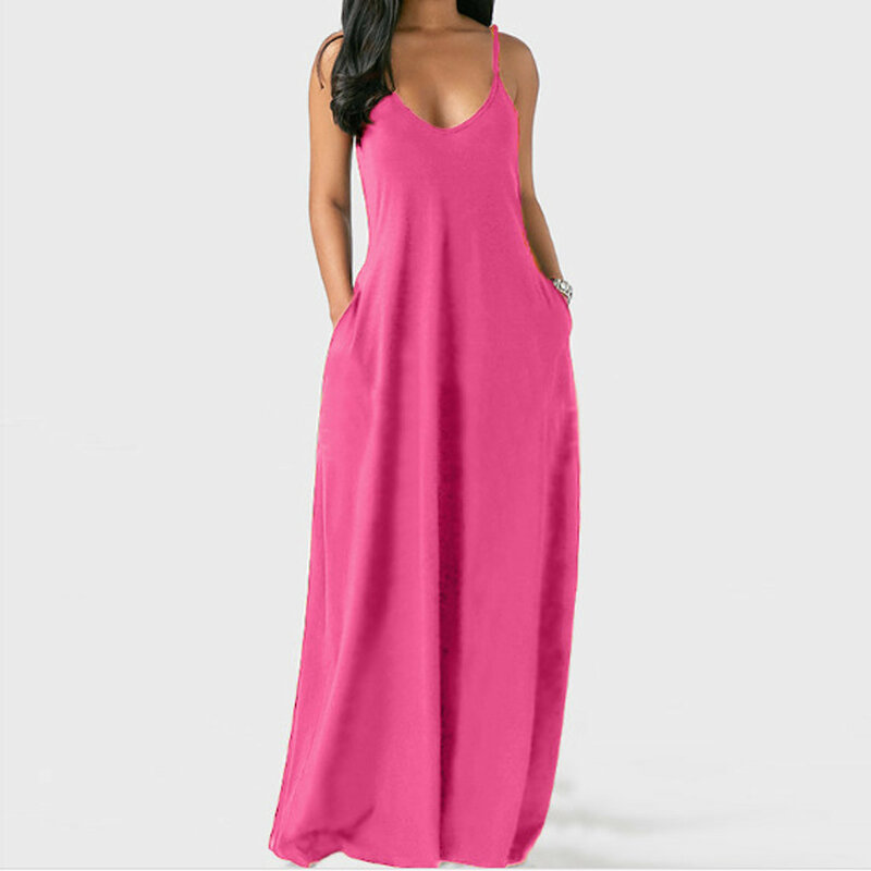 Модное женское платье без рукавов, однотонное платье с V-образным вырезом и карманами, длинное платье 2024, летние сексуальные Свободные повседневные платья с лямкой на шее