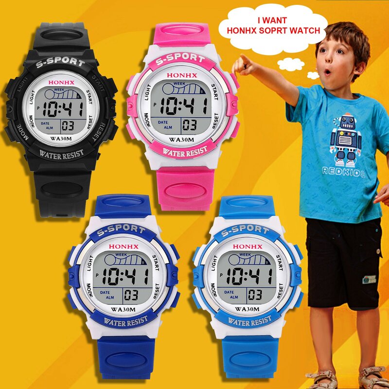 Montre-bracelet de sport étanche pour enfants, affichage LED, chronomètre numérique, date, bracelet en caoutchouc, mode garçon, vie