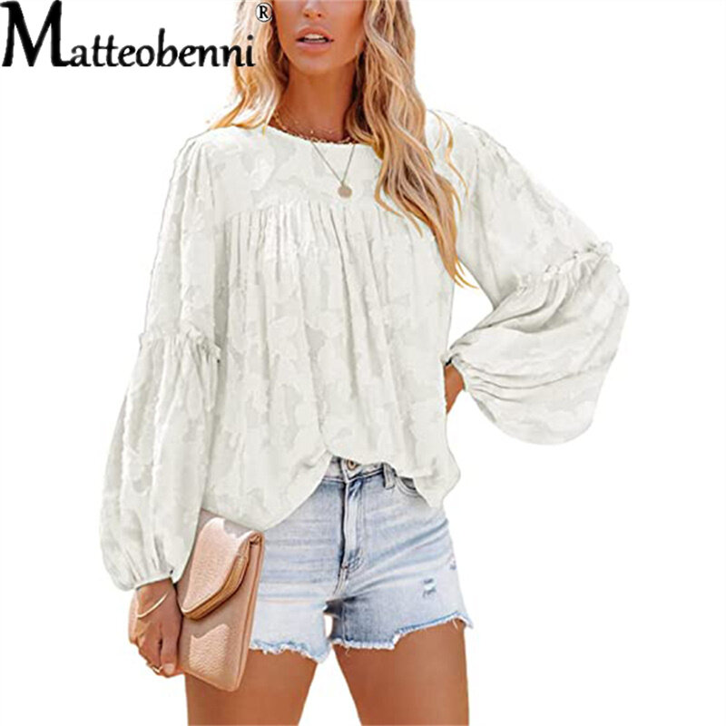 2022 Summer New Chiffon Flower Hollow Ladies Top Fashion Casual Loose Round Neck Solid Color Long Sleeve Patchwork Shirt Women