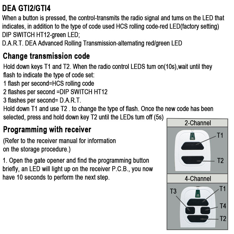 1/3/5/10pcs DEA GTI4 Garage Door Remote Control 433.92MHz Compatible With GTI2 DEA GT2 GT4 Rolling Code DEA GT2M GT4M Fixed Code