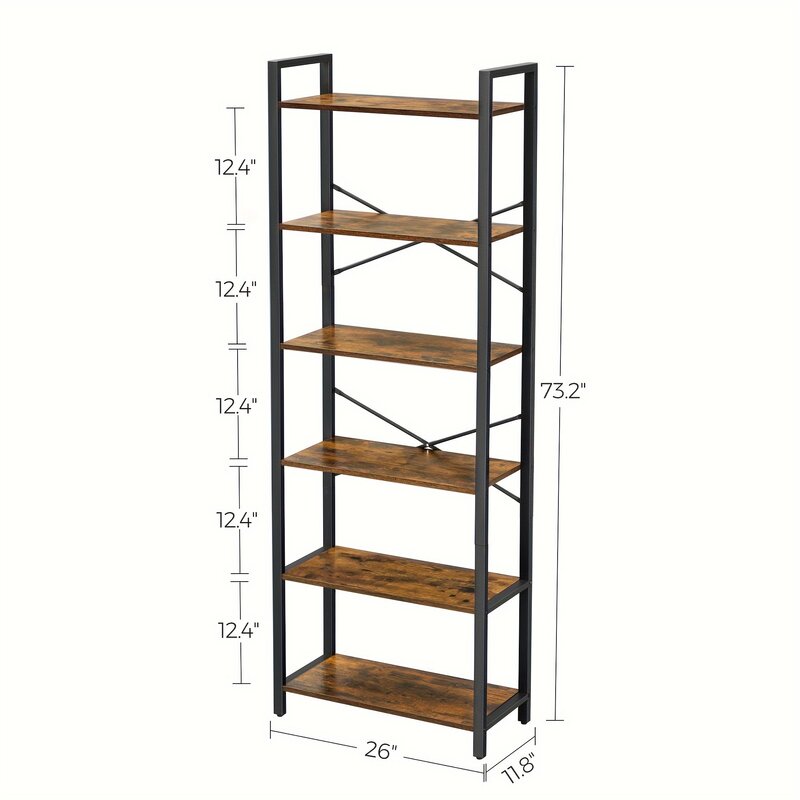 1pc 6-Tier Tall Bookshelf, Large Bookcase With Steel Frame, Deep Book Shelf For Living Room, Home Office, Study, 11.8 X 26 X 73.