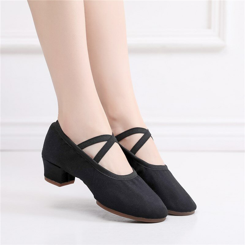 SUN LISA Women's Lady's Girl's Teacher's Dancing Shoes Soft Pointe Ballet Jazz Dance Shoes Canvas Chunky Heel