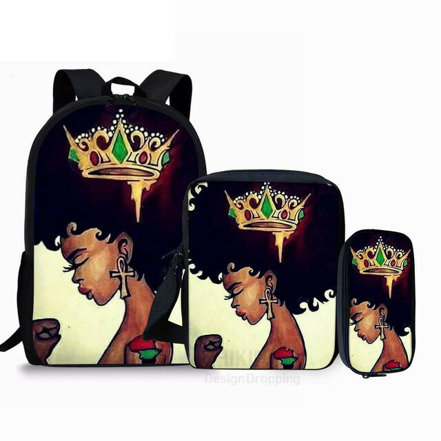 Klasyczna czarna dziewczyna magiczna Afro Lady 3D Print 3 sztuk/zestaw torby szkolne mała torba na laptopa plecak pochylona torba na ramię piórnik