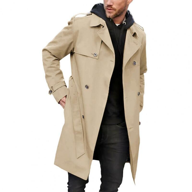 Männer Herbst Winter einfarbig Wind jacke Revers Langarm Zweireiher Taschen Gürtel Slim Fit Lang mantel Outwear