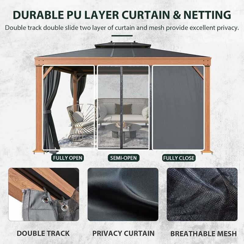 Duplo Roof Gazebo com cortinas, Gazebo Metal, acabamento em madeira, revestido Frame alumínio, aço galvanizado