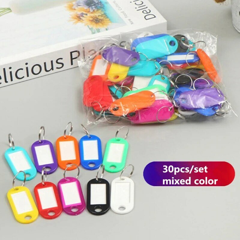 30 قطعة الملونة البلاستيك المفاتيح العلامات الرئيسية تسمية مرقمة اسم علامة الأمتعة معرف تسمية اسم العلامات مع حلقة الانقسام