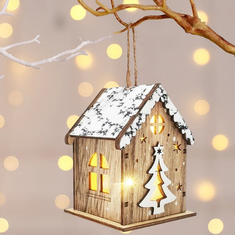 Casa de natal de madeira ornamentos mini casa luminosa decoração natal pingente alimentado por bateria para árvore de natal decoração do desktop