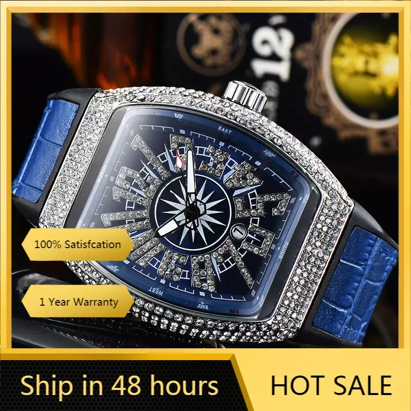Горячая Распродажа, мужские модные роскошные часы, водонепроницаемые кварцевые наручные часы со стразами и синим силиконовым ремешком, повседневные часы
