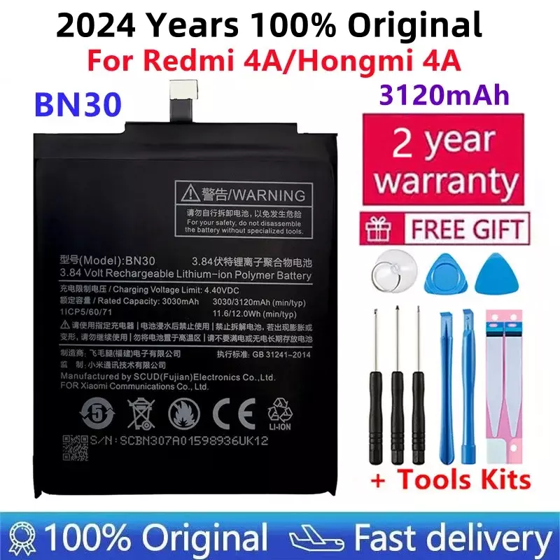 BN30 Substituição da bateria do telefone para Xiaomi, Redmi 4A, Mi4A, M4A, alta qualidade, 3120mAh, Kits de ferramentas, 100% original, 2024 anos