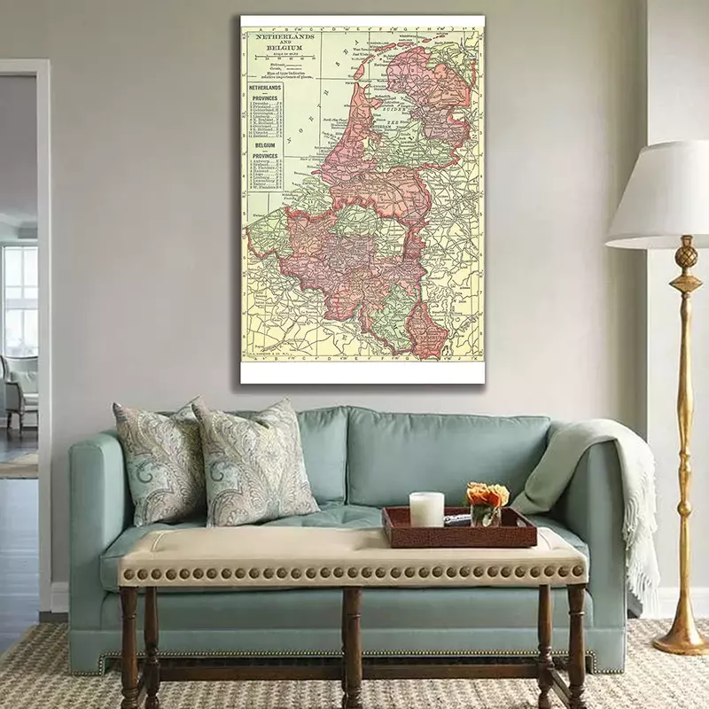 100*150cm The Retro Belgium Netherlands Map In 1914 Wall Art Poster Spray Canvas Painting Living Room Home Decor School Supplies