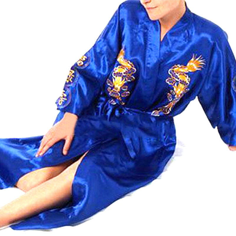 Camisola de cetim estilo chinês para homens, bordado dragão grande, quimono de seda pijama pijama, roupão casual solto, moda caseira
