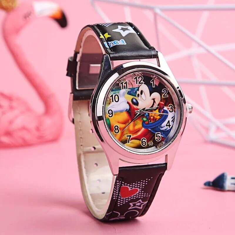 Zufällige Art Muster mit Box Disney Mickey Kinder uhr Anime Figur Minnie Spiderman Quarzuhr Kinder Uhr Geburtstags geschenke