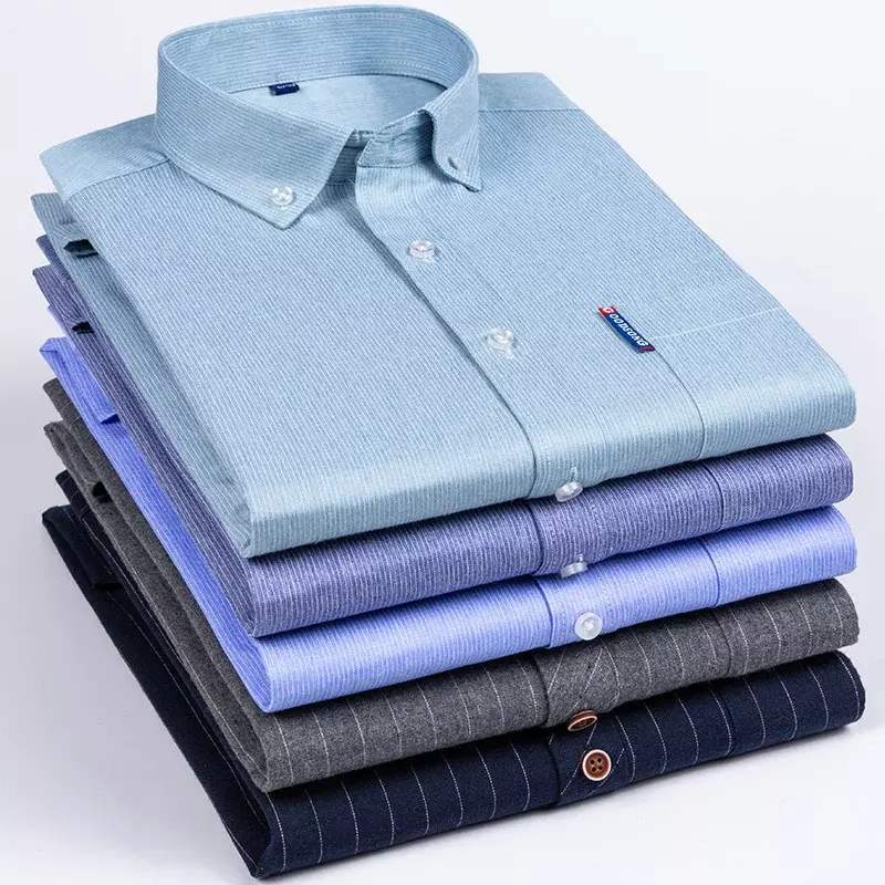 casual elegants designer cotton long-sleeve shirts for men slim fit formal plain shirt plaid striped single pocket clorthes