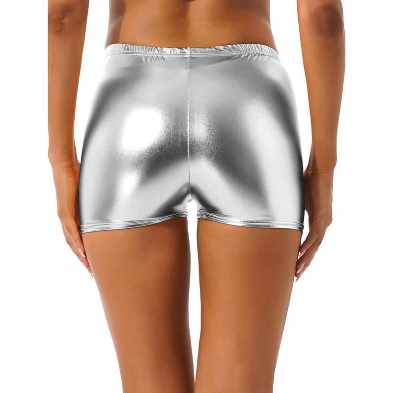 Women Shiny Metallic Booty Shorts Sexy Costumes Mid Waist Elastic Waistband Hot Pants Rave Party Pole Stage Club Dance Shorts