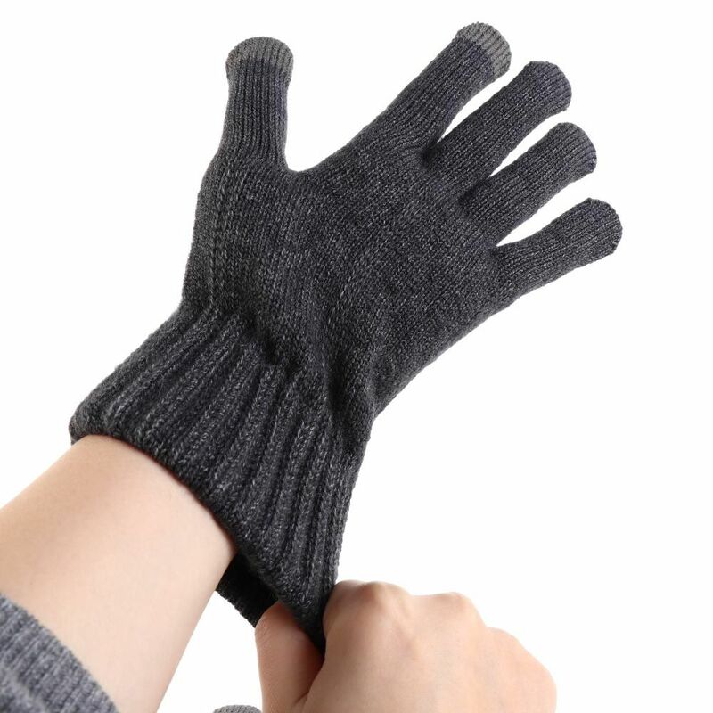 Guantes de lana antideslizantes para hombre y mujer, manoplas cálidas de dedo completo para pantalla táctil, Color sólido