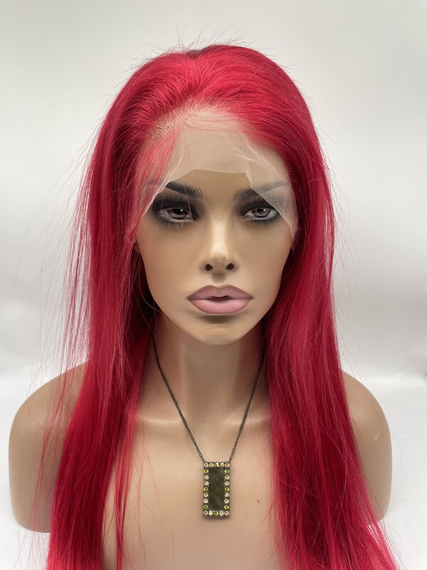 N.L.W wig rambut manusia renda depan merah 13*4 wig manusia lurus Bob pendek 20 inci rambut depan untuk wanita dengan kepadatan 180%