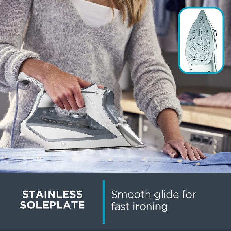 Focus Stainless Steel Soleplate Steam Iron for Clothes Standard 400 Microsteam Holes, Powerful steam blast, Leakproof