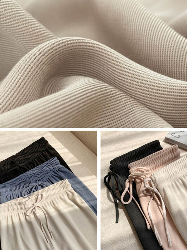 Letnie sznurowane spodnie z szerokimi nogawkami dla kobiet z wysokim stanem 2024 długie lodowy jedwab spodnie plisowane luźne spodnie damskie
