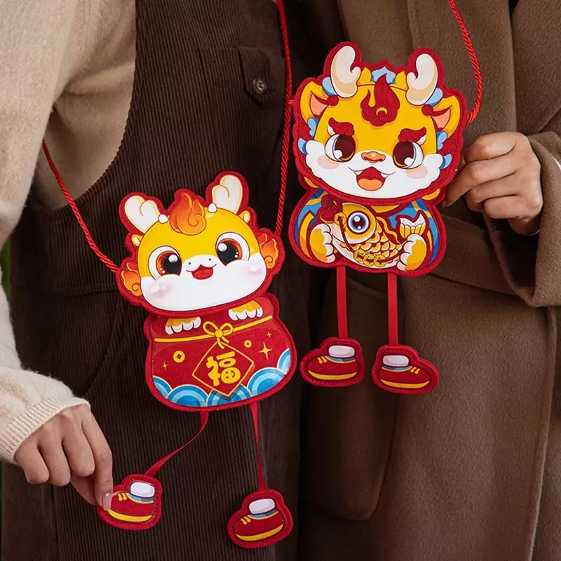 Amplop merah Tahun Baru lucu Hongbao saku 2024 tahun gaya Tiongkok dompet pola naga merah dengan tali hadiah anak-anak