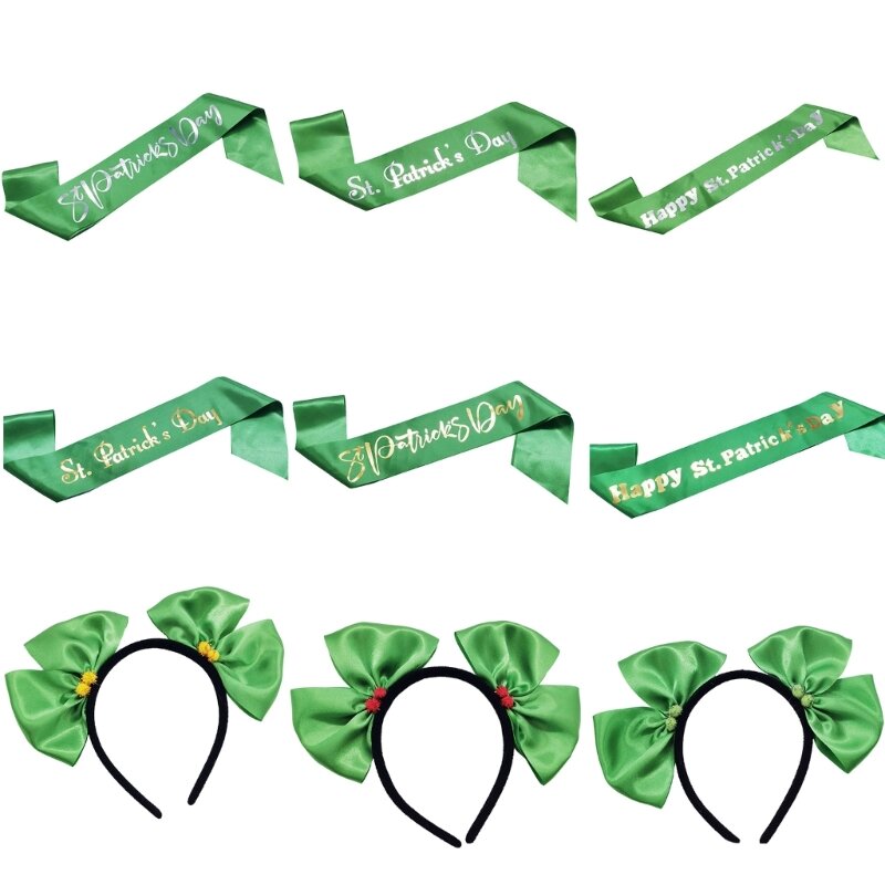 Y166 Adult Kids Patricks Day Costume Bow Hair Accessory Green Sash Party Props
