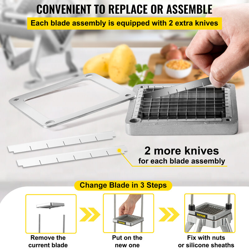 VEVOR Replacement Chopper Blade, 3 PCS French Fry Blade Assembly with 6 Extra Knives, Stainless Steel Dicer Parts and Push Block