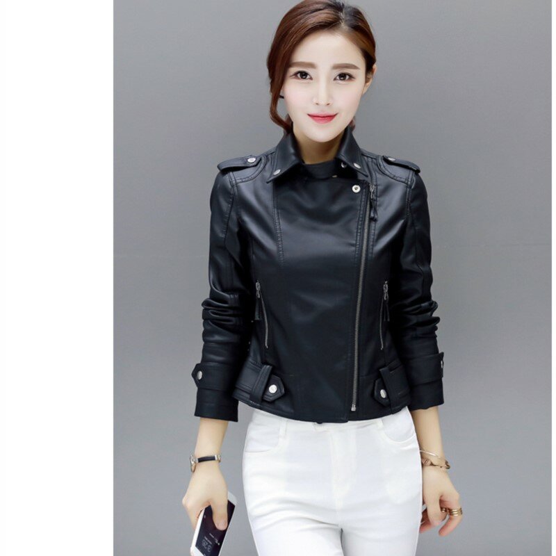 Jaket kulit imitasi hitam musim gugur wanita mode baru 2024 jaket dasar ritsleting jaket pengendara sepeda motor kerah lipat dengan Blet 3xl