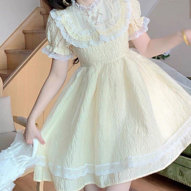 Женские милые винтажные платья с коротким рукавом, нежная уличная одежда с бантом, Молодежная летняя Милая школьная одежда в стиле «Лолита», в японском стиле