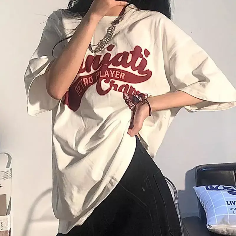 Kaus wanita Anime musim panas kaus kebesaran lengan pendek Retro Atasan Wanita Harajuku Y2k atasan estetika Streetwear