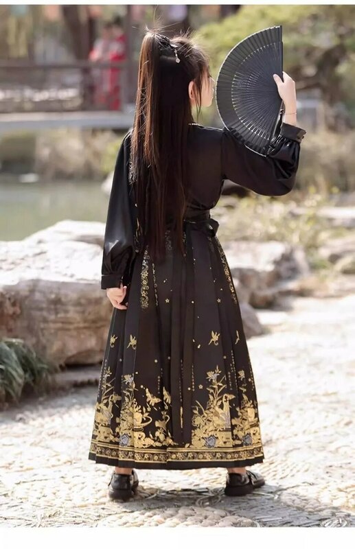 Terno de saia de rosto cavalo feminino, hanfu tradicional, vestido para cosplay Tang Dynasty, roupa estilo étnico vintage, terno infantil