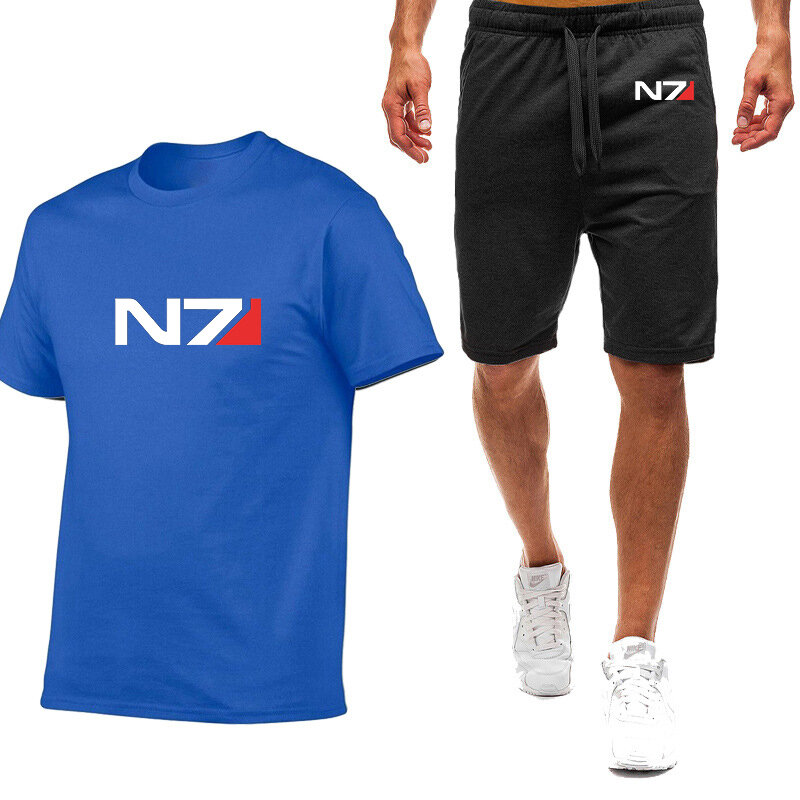 2023 New summer N7 mass effect Logo printing fashion nine-color short sleeves+casual elastic waist sweatpants solid color sports