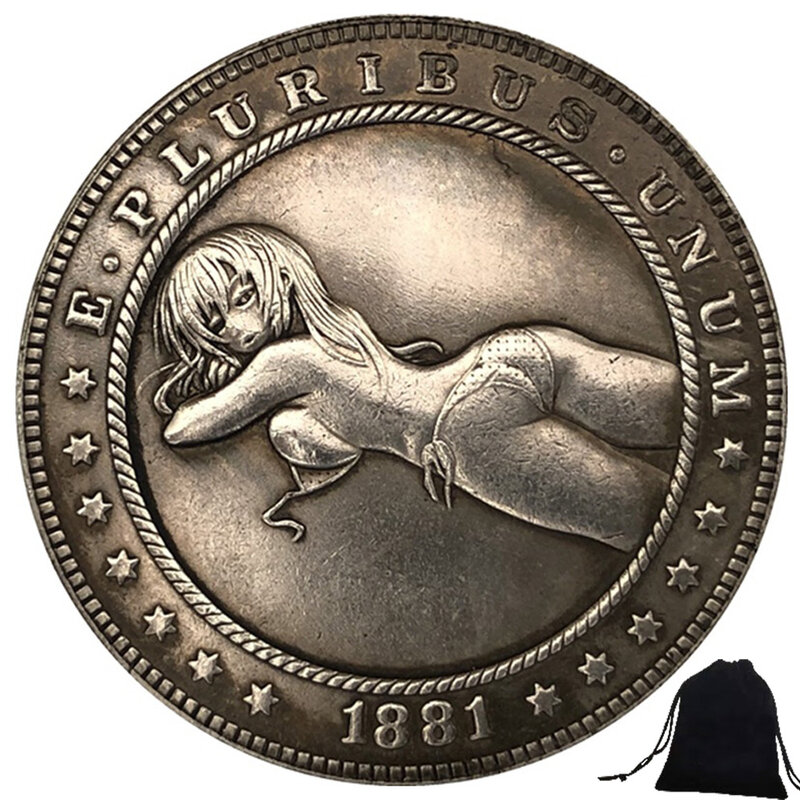เหรียญคู่รักศิลปะ3D หนึ่งดอลลาร์หญิงสาวเสรีภาพสุดหรูเหรียญการตัดสินใจกระเป๋าตลกเหรียญที่ระลึกนำโชค + ถุงซานตา