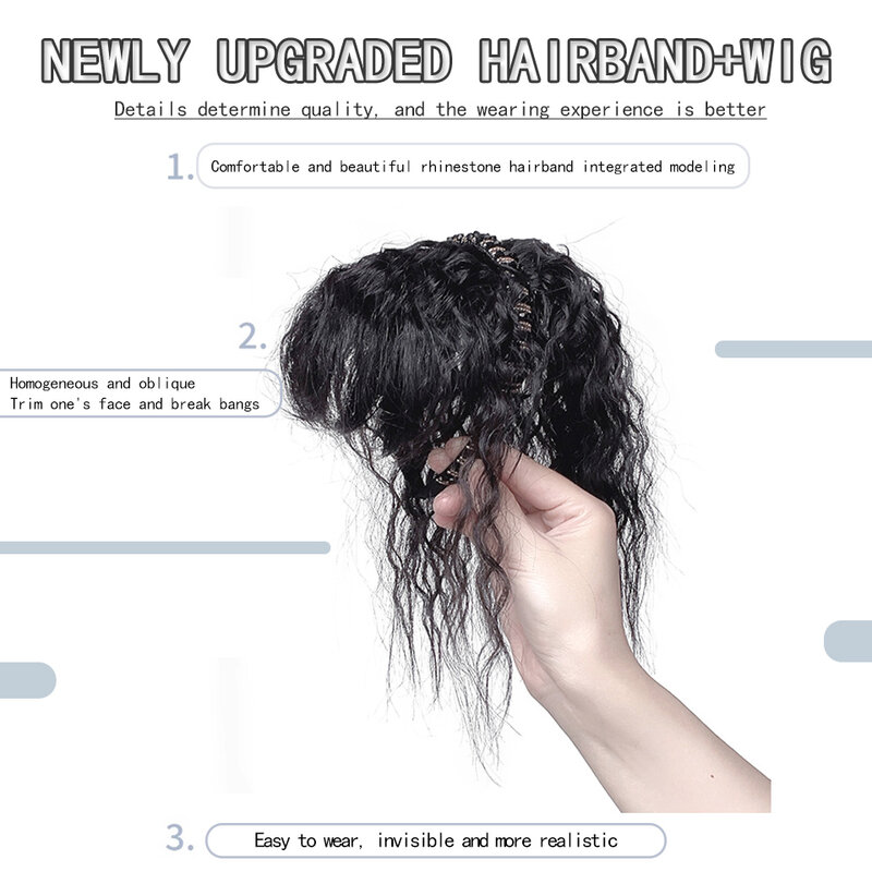 Headband peruca sintética com Franja para Feminino, um cabelo encaracolado natural, cabeça Franja, cabelos brancos cobertos, no topo