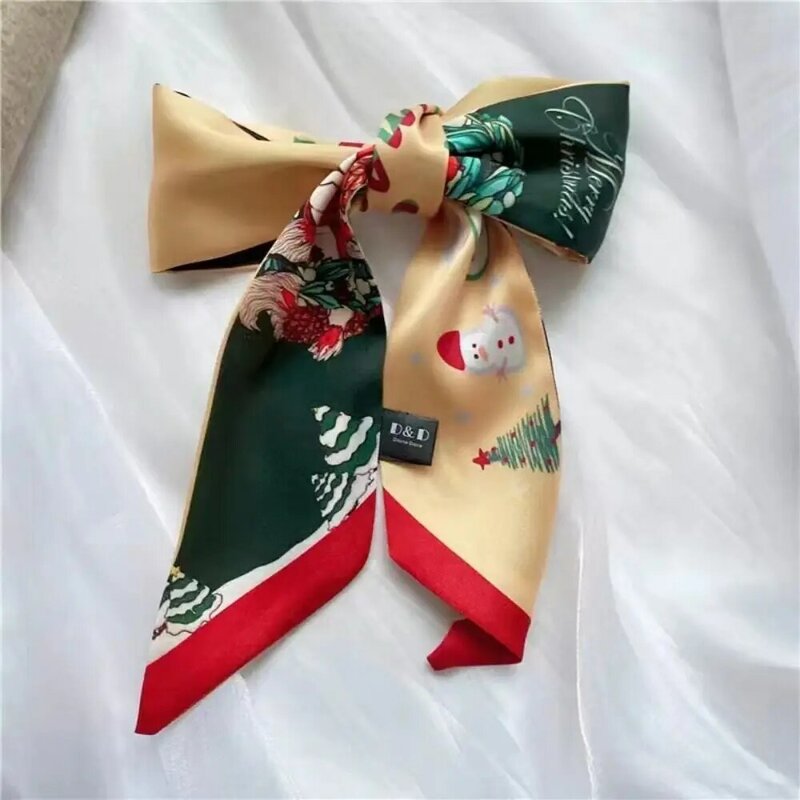 Women Christmas Printed Silk Scarf Multi-Function Ribbon Headband Hair Band Elk Neckerchief New Year Scarf Christmas Decorations
