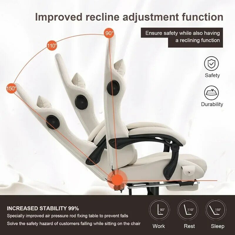 GTPR-Cadeira reclinável para jogos, cadeira do computador com pés e alto-falantes Bluetooth, encosto alto ergonômico