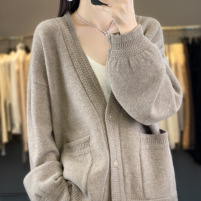 Jaqueta engrossa de caxemira feminina, casaco de manga comprida, cardigã quente, cor sólida, lã de alta qualidade, malha, outono, inverno