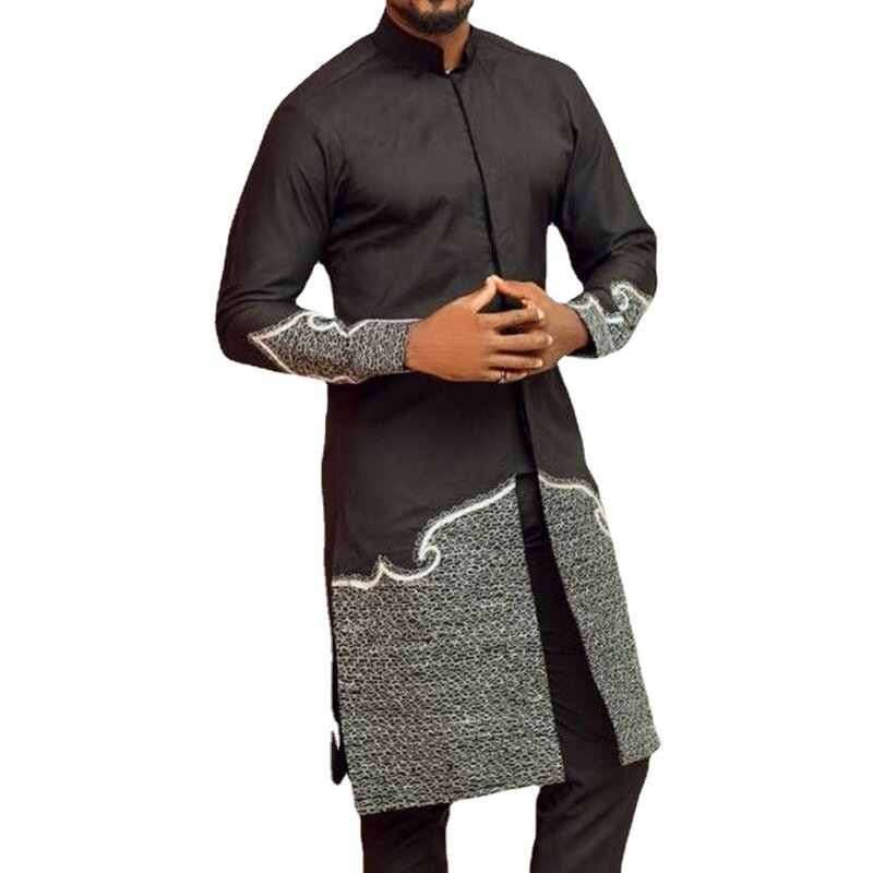 Conjunto de calças de cor sólida bordado masculino, estilo étnico africano, roupa casual muçulmana, novo, 2023